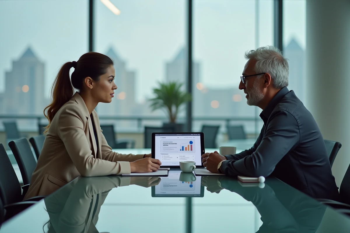 Deux entrepreneurs en réunion discutant des services disponibles sur Les Experts.com via une tablette