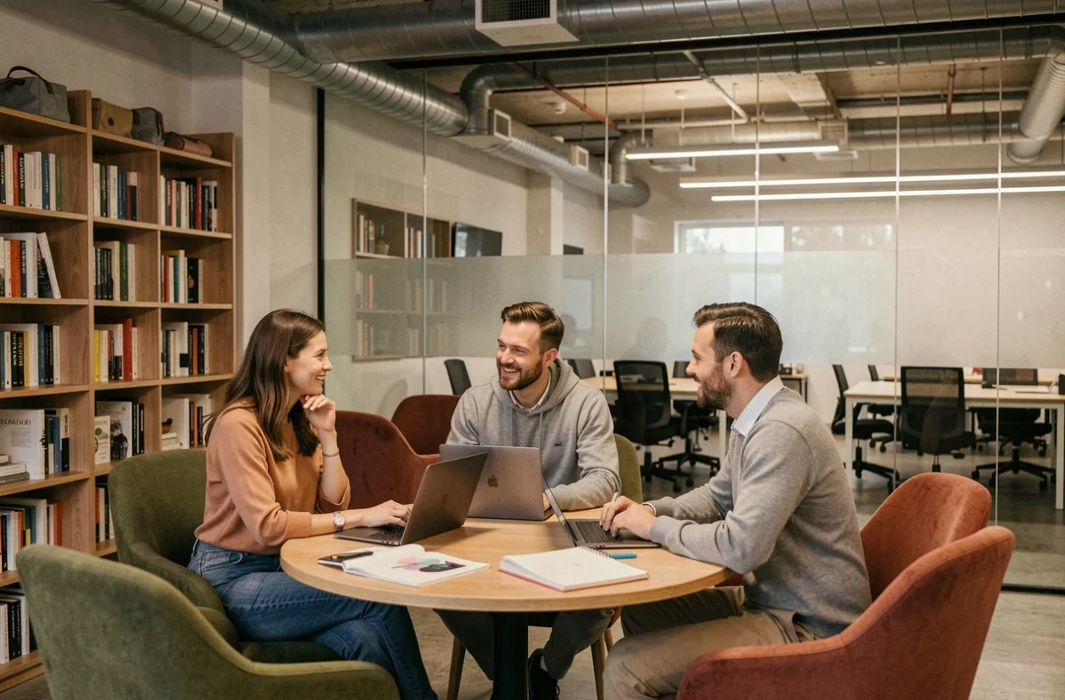 Groupe de professionnels en réunion informelle dans l'espace lounge d'un coworking parisien près de la gare de Lyon