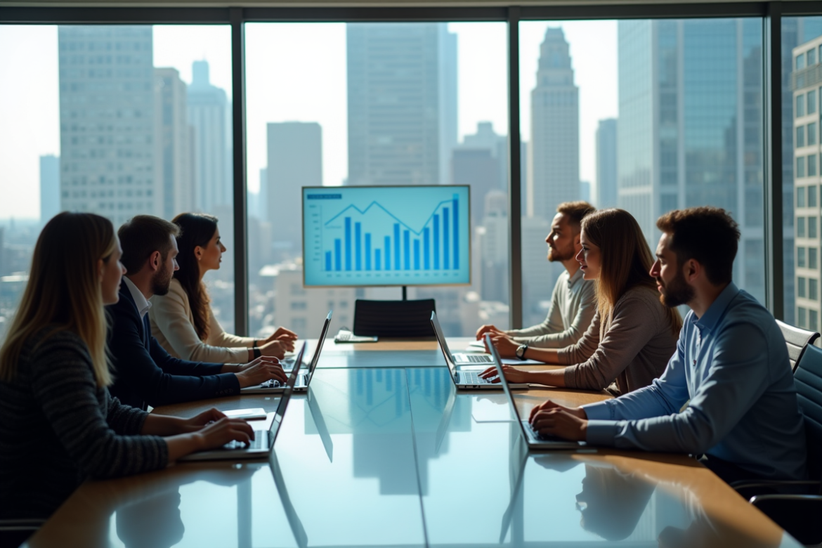 Groupe de professionnels discutant d'analytique marketing dans une salle moderne