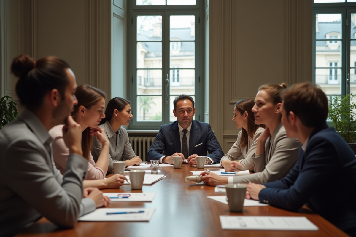 Groupe de professionnels en réunion dans un bureau parisien