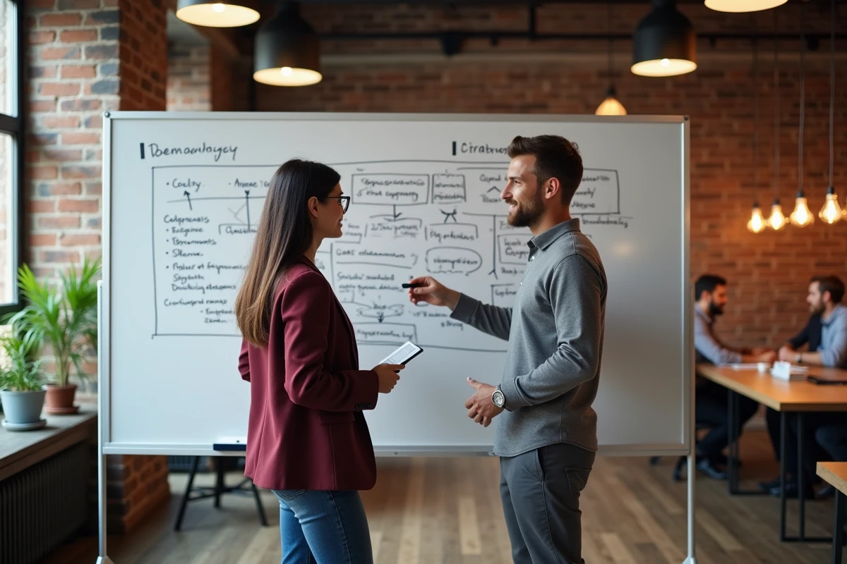 Deux professionnels en réunion de stratégie B2B devant un tableau blanc dans un espace de coworking