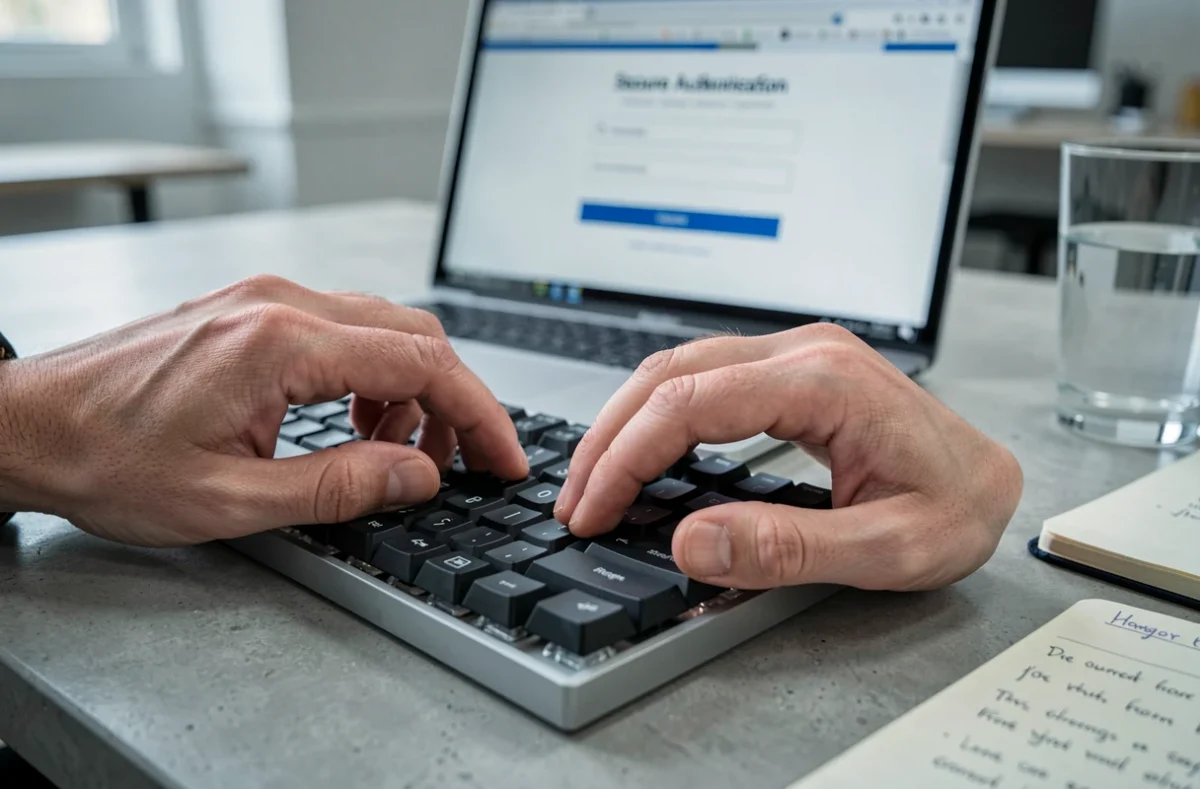Mains tapant un mot de passe sur un clavier pour accéder à une interface de connexion extranet sécurisée