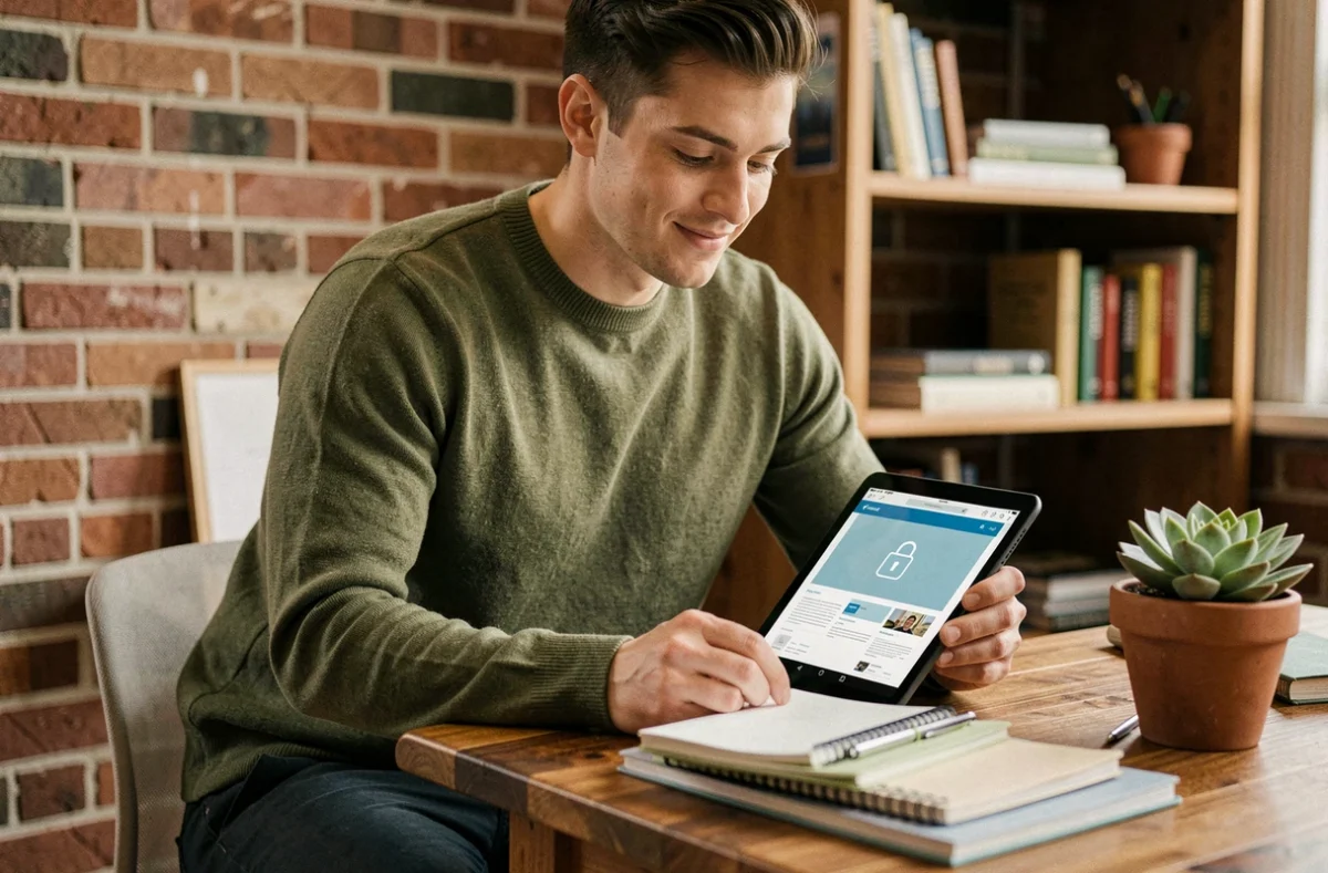 Jeune salarié accédant à ses documents RH sécurisés via MyPeopleDoc sur une tablette depuis son domicile