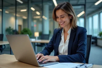 Salariée BNP Paribas consultant le portail RH Alis sur son ordinateur portable dans un open space moderne