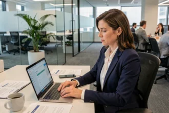 Salariée consultant son espace sécurisé MyPeopleDoc sur un ordinateur portable dans un bureau moderne