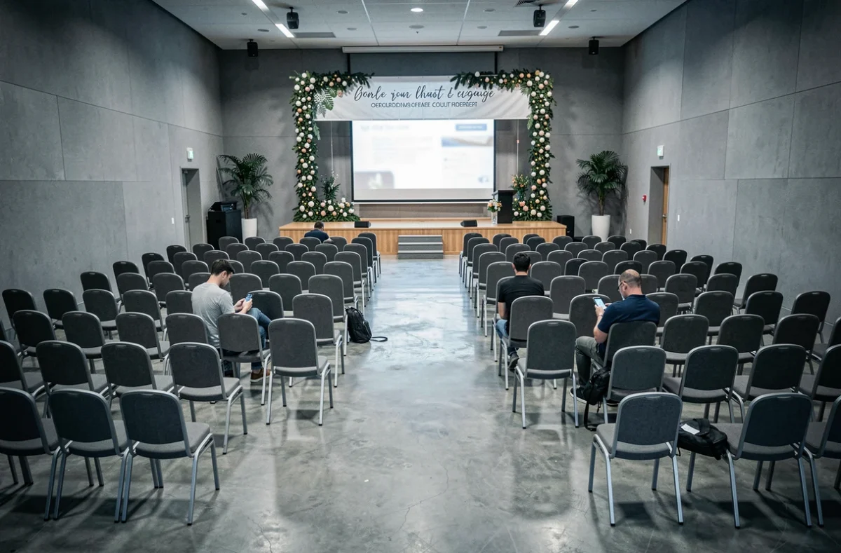 Salle d'événement presque vide avec des rangées de chaises inoccupées, symbolisant l'impact des erreurs d'invitation sur la participation