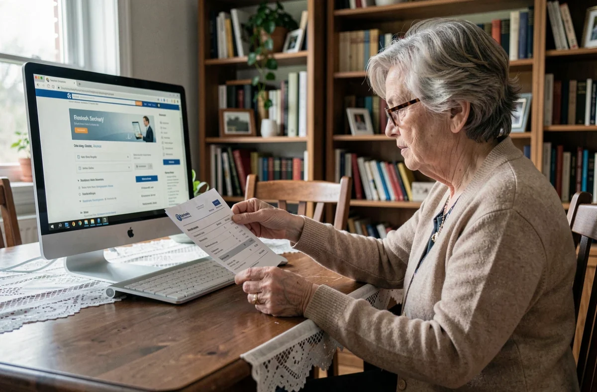 Femme senior vérifiant un numéro SIRET sur ordinateur de bureau avec une facture papier