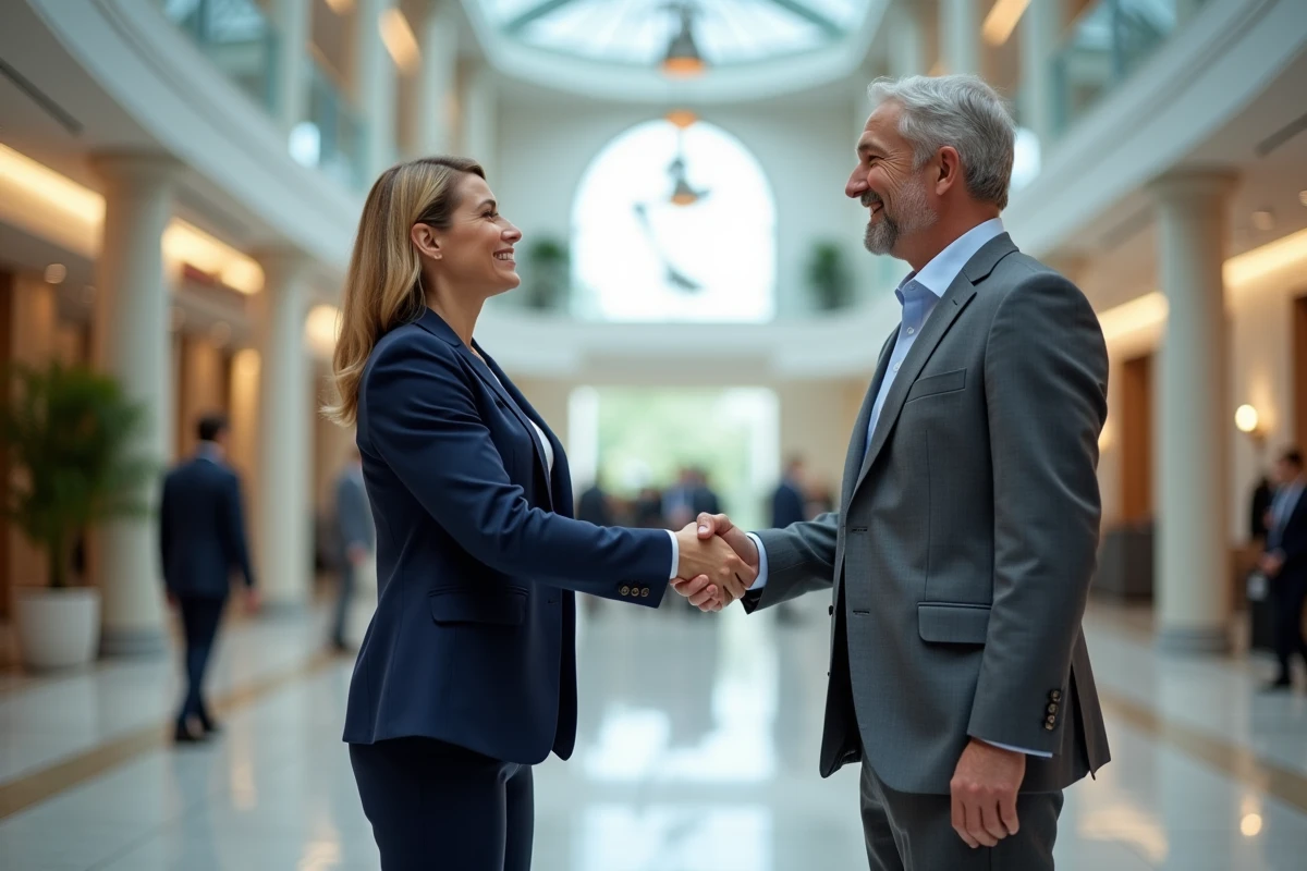 Deux cadres se serrant la main dans un hall d