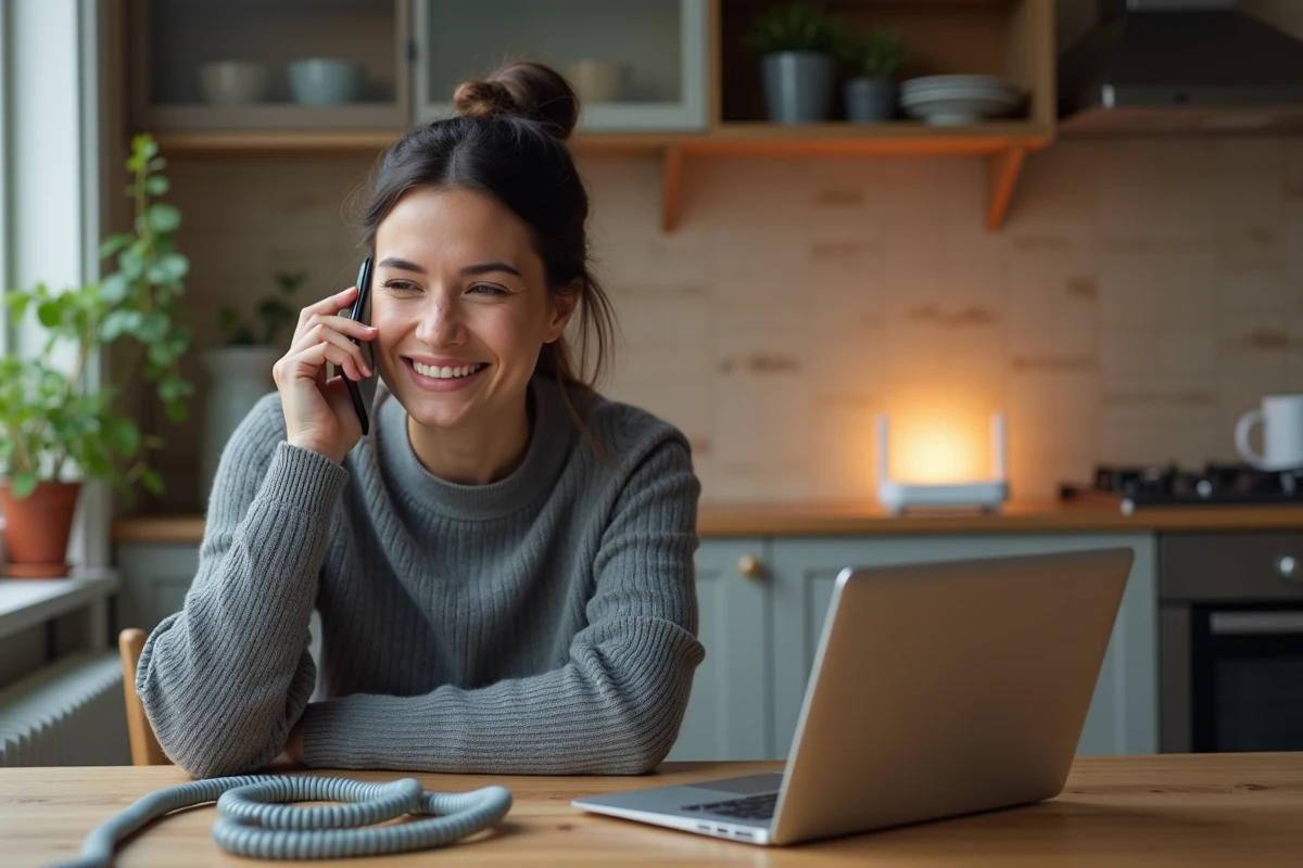 Femme appelant le service client France Télécom depuis sa cuisine après installation de la ligne internet