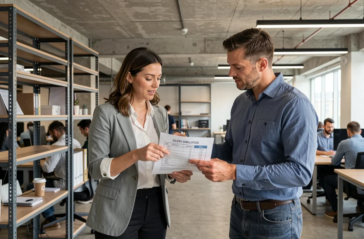 Deux professionnels en portage salarial discutant d'une simulation de salaire et de taux de facturation