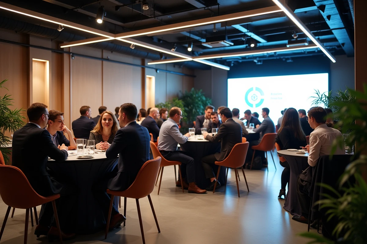Vue d'ensemble d'une soirée de networking B2B avec des professionnels en discussion autour de tables hautes dans une salle événementielle moderne