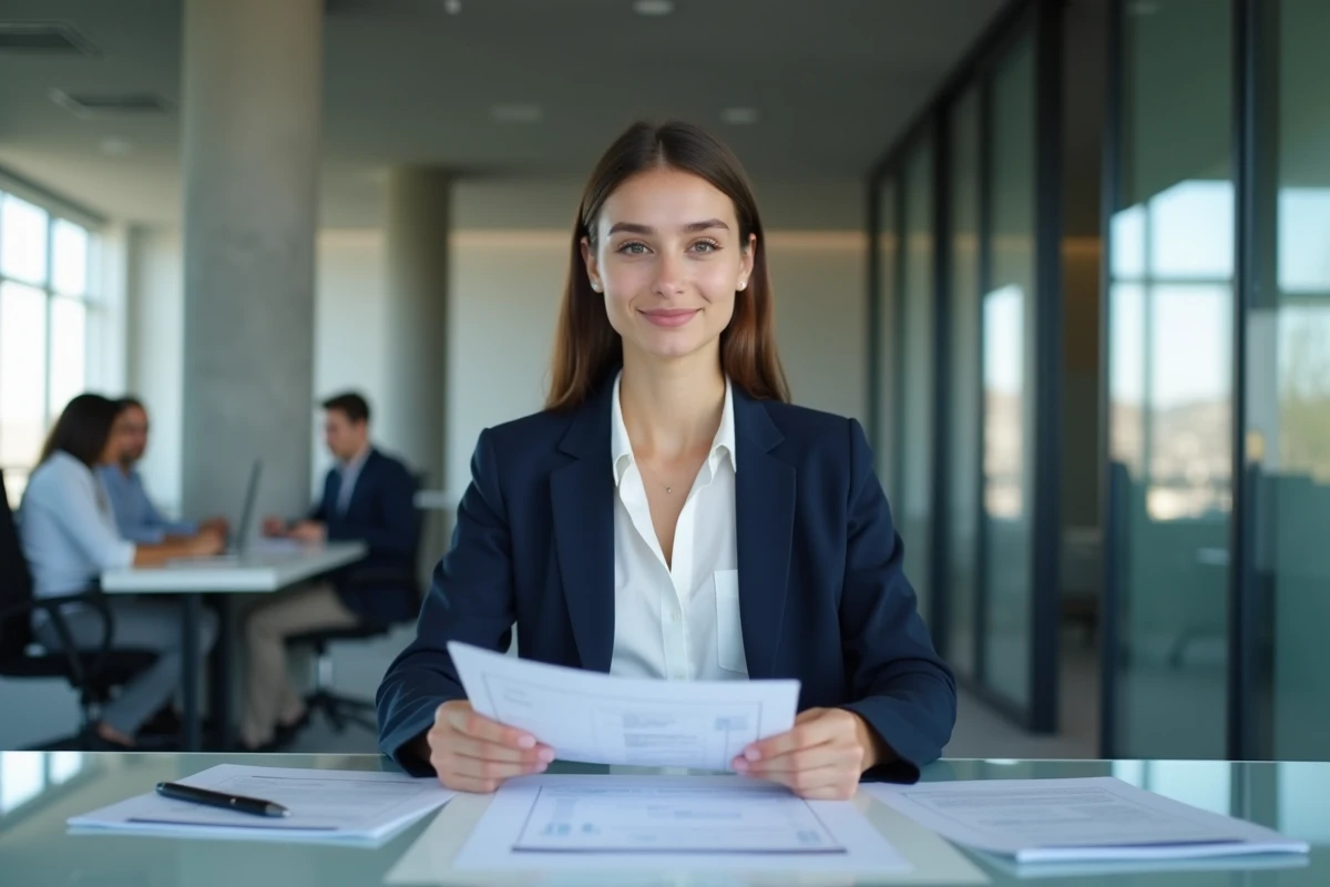 Jeune femme en stage d'audit dans un cabinet Big 4, révisant des documents financiers dans une salle de conférence moderne