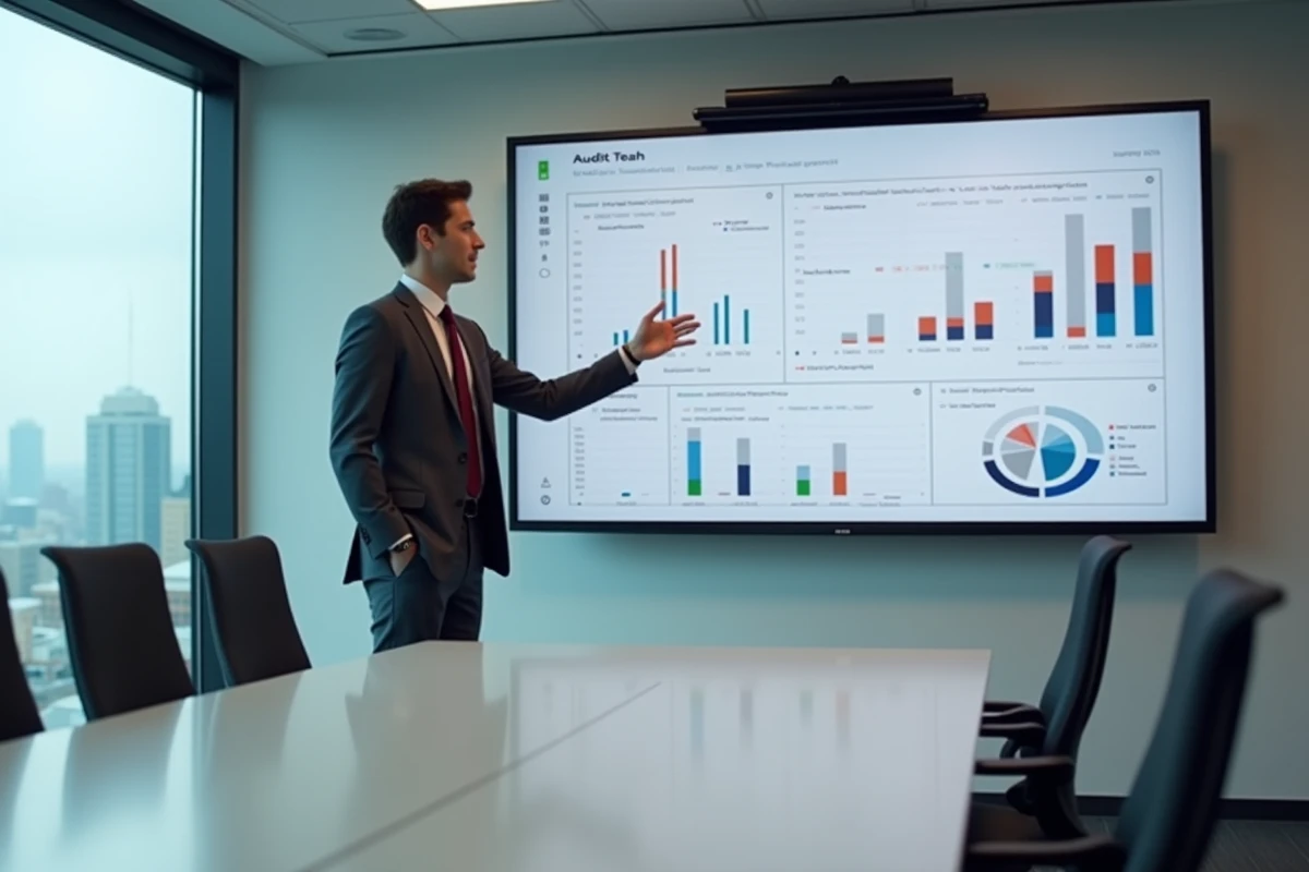 Stagiaire en audit Big 4 présentant une analyse financière sur écran tactile lors d'une réunion d'équipe en cabinet conseil