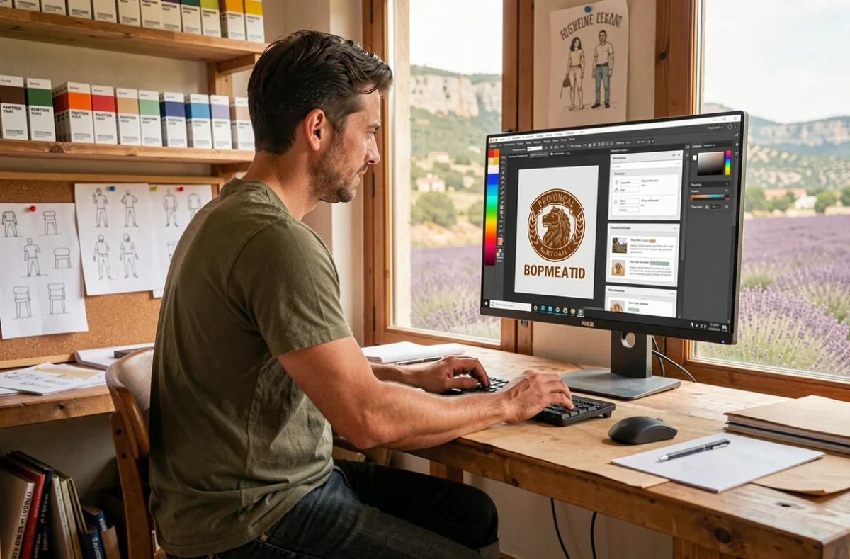 Graphiste du Studio Digital Provence-Alpes-Côte d'Azur travaillant sur la création d'une identité visuelle et d'un site web pour une marque artisanale locale