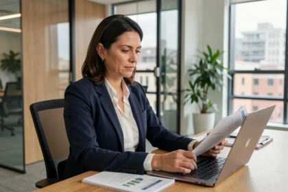 Consultante en portage salarial calculant son taux de rémunération sur ordinateur dans un bureau moderne