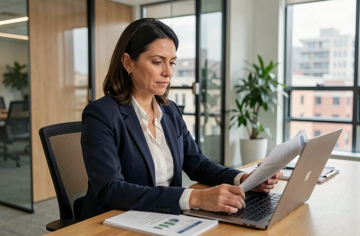 Consultante en portage salarial calculant son taux de rémunération sur ordinateur dans un bureau moderne