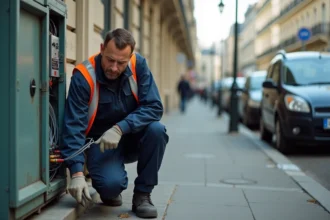 Technicien France Télécom raccordant des câbles fibre optique dans une boîte de jonction sur un trottoir parisien
