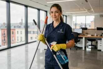 Technicienne de nettoyage professionnelle en uniforme dans un bureau moderne de Seine-Maritime