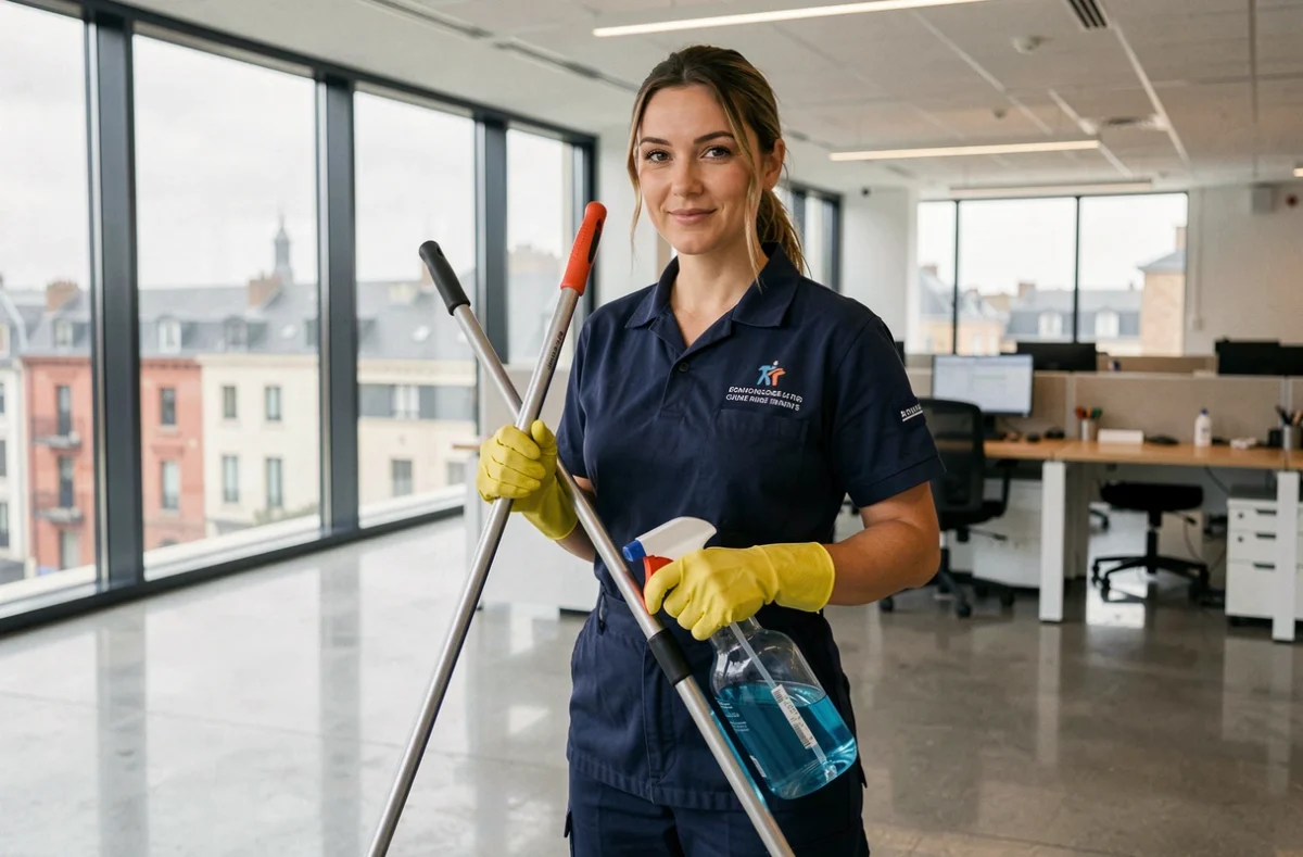 Technicienne de nettoyage professionnelle en uniforme dans un bureau moderne de Seine-Maritime