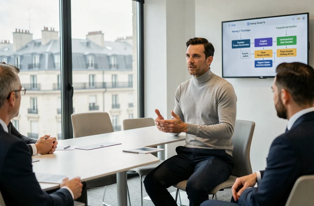 Conférence sur la stratégie de transformation digitale en France avec un dirigeant présentant une feuille de route