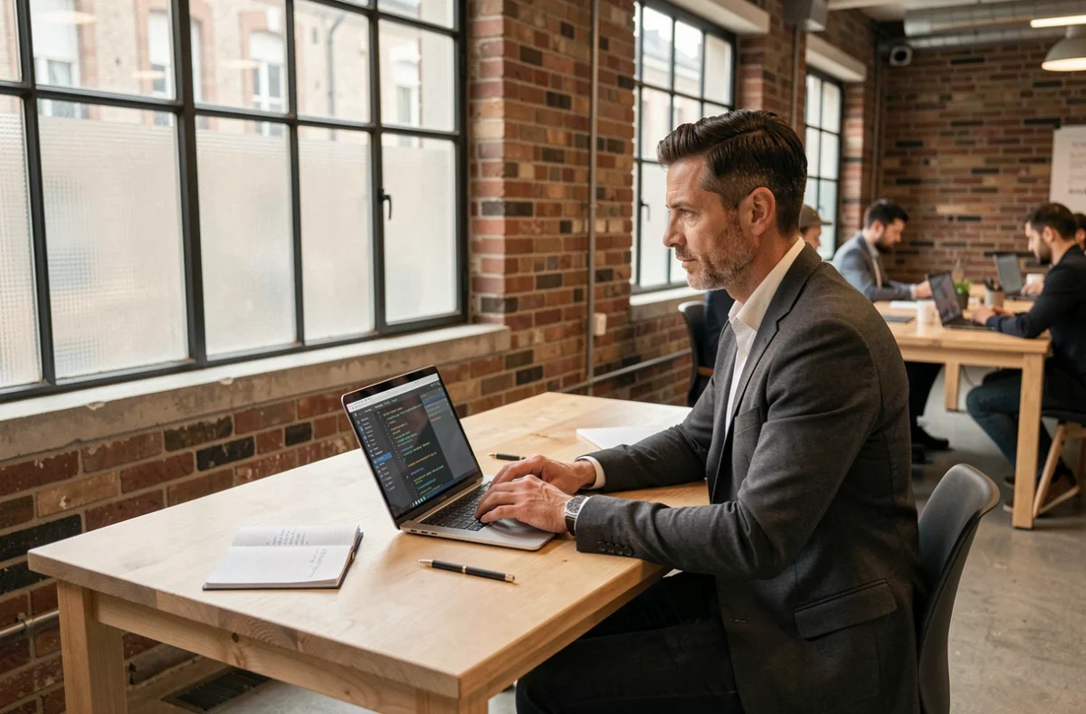 Entrepreneur numérique concentré dans un espace de coworking à Paris travaillant sur des projets digitaux