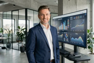Dirigeant français en transformation digitale devant un tableau de bord numérique dans un bureau moderne