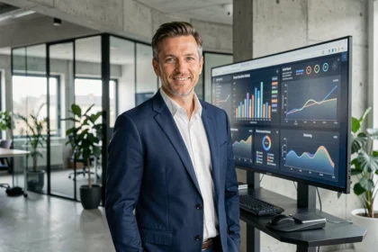 Dirigeant français en transformation digitale devant un tableau de bord numérique dans un bureau moderne
