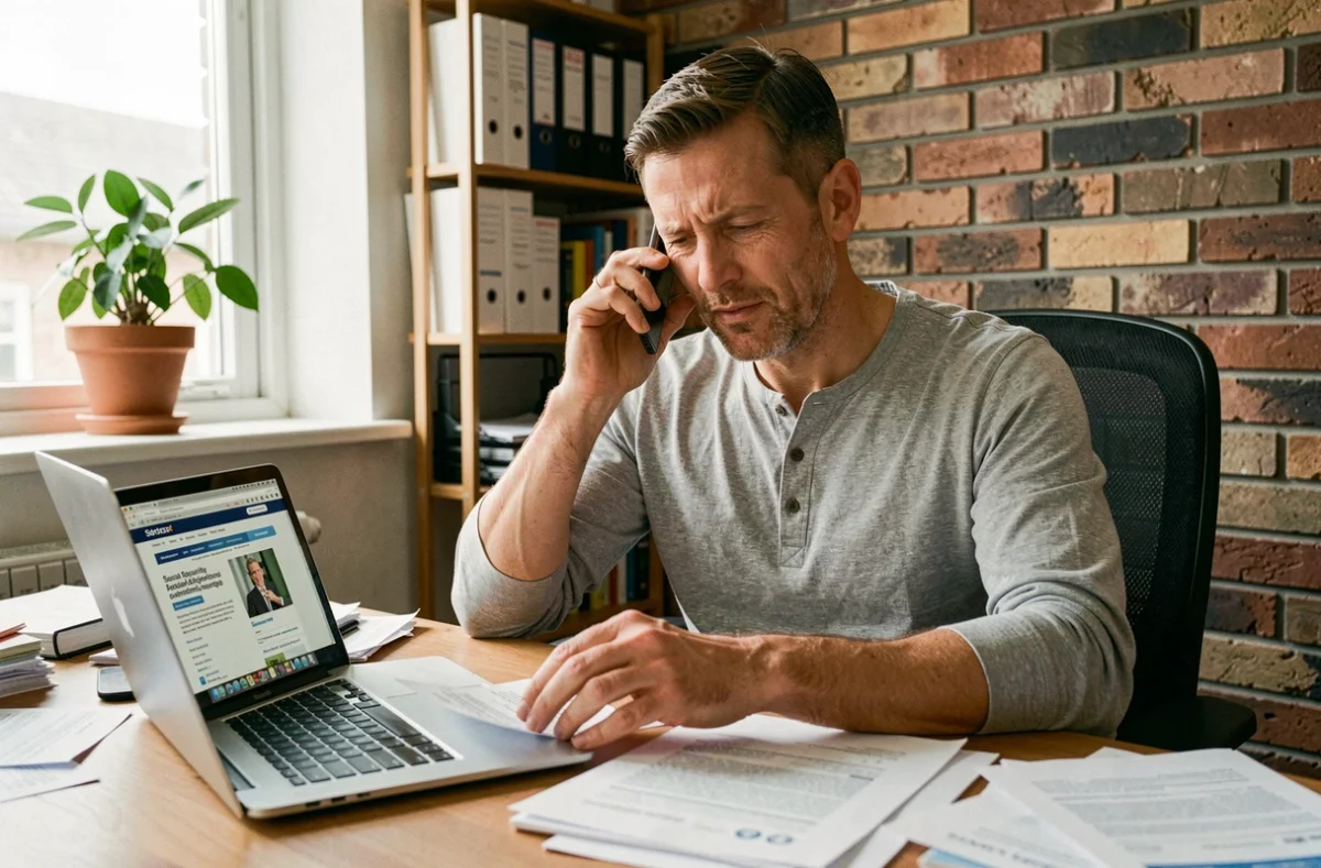 Travailleur indépendant contactant l'Urssaf par téléphone depuis son bureau à domicile