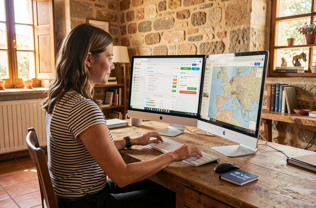 Consultante de Var Web Agency travaillant sur une campagne Google Ads locale dans un bureau d'inspiration provençale