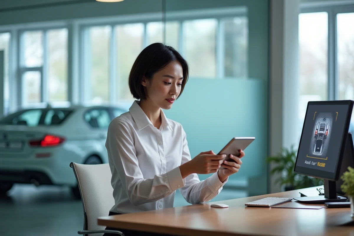 Professionnelle vérifiant un marquage numérique de véhicule sur tablette dans un showroom automobile moderne
