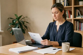 Femme vérifiant un numéro SIRET sur son ordinateur portable dans un bureau à domicile