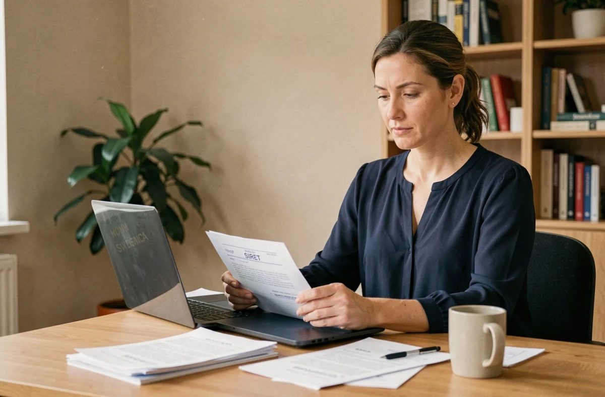 Femme vérifiant un numéro SIRET sur son ordinateur portable dans un bureau à domicile