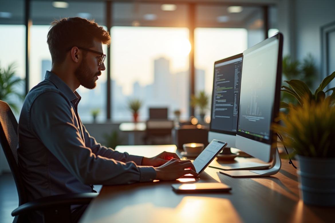 Webdesigner travaillant sur un ordinateur moderne dans un bureau lumineux